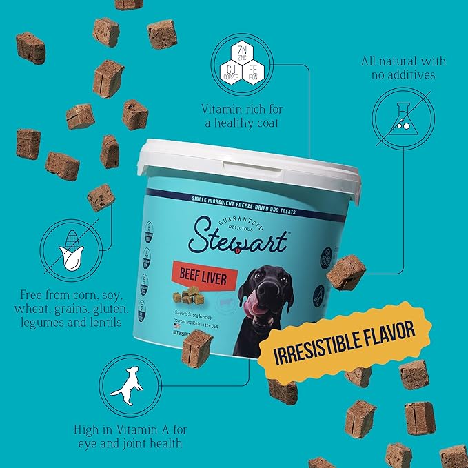 Stewart 100% Beef Liver Dog Treats, 4 oz Tub, ~90 Pieces, Freeze Dried Raw, Single Ingredient, 50% Protein Training Treats or Meal Topper, Grain Free, Gluten Free