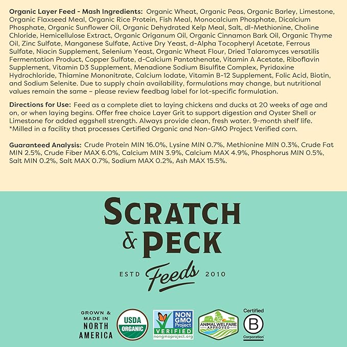 Scratch and Peck Feeds Whole Grain Layer Mash Chicken and Duck Feed - Corn-Free and Soy-Free - 16% Protein, Certified Organic and Non-GMO Project Verified Chicken Food - 50 lbs Bag