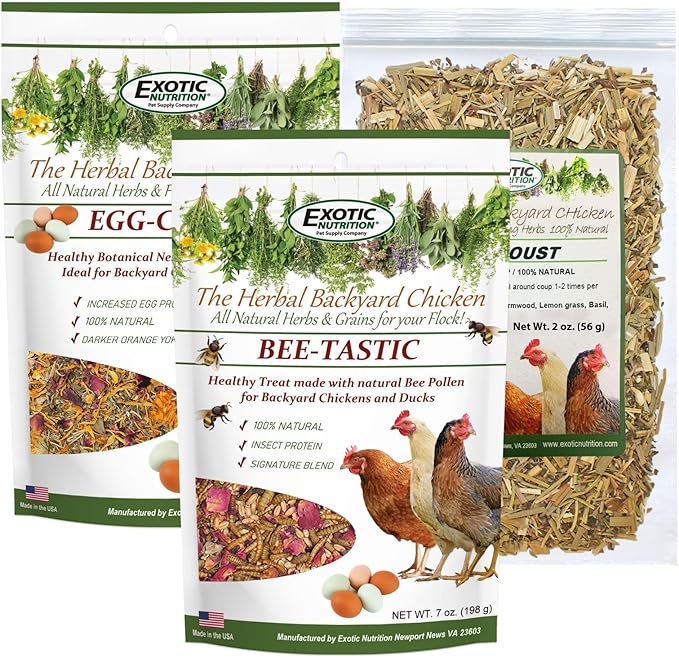 Exotic Nutrition Chicken Herb 3 Pack Healthy All-Natural Chicken Treat - Dried Insects, Flowers, Herbs Wheat Berries & Bee Pollen - Promotes Healthy Chickens & Eggs