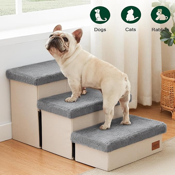 Love's cabin Dog Stairs for High Bed 18" H, 3 Steps with Furry Lids Pet Stairs for Small Medium Large Dogs, Foldable Cat Ramp with Zip up to 200 lbs, Grey