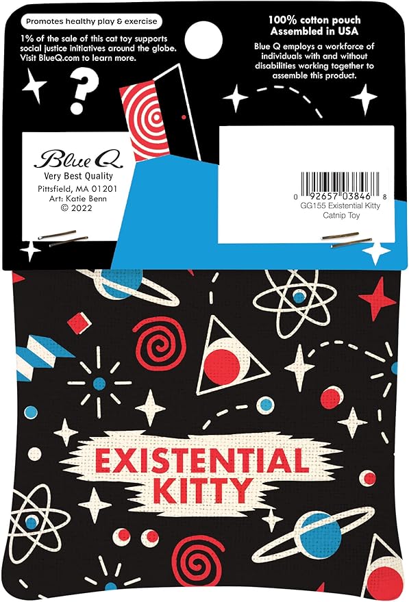 Blue Q Existential Kitty Catnip Toys - Durable Cat Toys for Biting, Premium USA-Grown Organic Catnip, Pet Supplies, 100% Silk-Screened Cotton Pouch w/Funny Kitty Graphics, Cat Birthday Gift