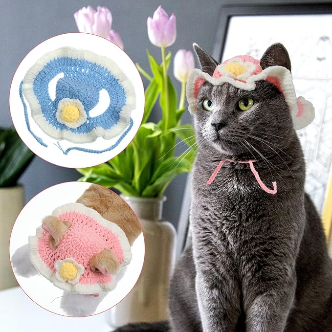 2 PCS Flower Cute Knit Pet Hat, Soft Knitted Cat Bunny Costume Halloween Easter Christmas, Small Accessory Hats for Kitten Pet Rabbits Dog Guinea Pig Daily Dress Up (Blue, Pink)