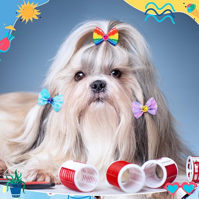 Tondiamo 100 Pack Tie Dye Dog Hair Bows for Dogs Spring Dog Hair Bows with Rubber Bands Puppy Rhinestone Grooming Dog Hair Accessories for Small Girl Dogs