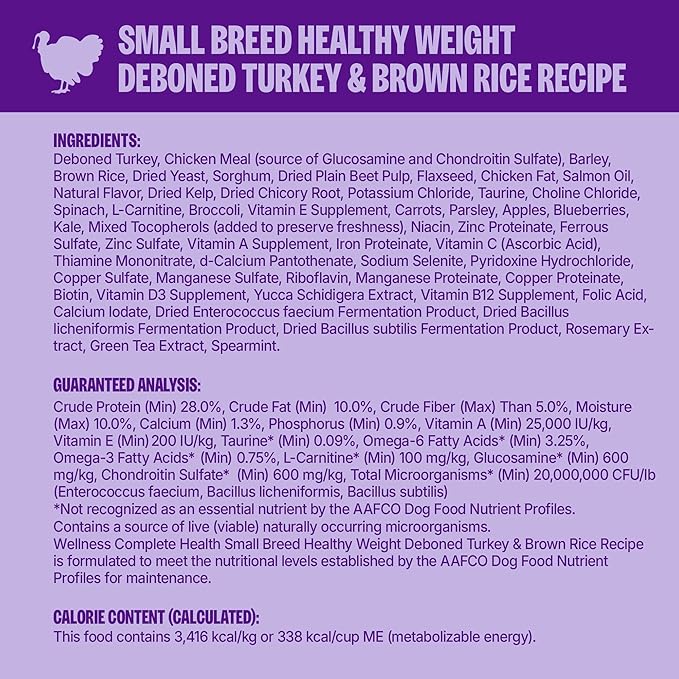 Wellness Complete Health Healthy Weight Small Breed Adult Dry Dog Food, Wholesome Grain Kibble, Natural, Turkey and Brown Rice Recipe, 4 lb Bag
