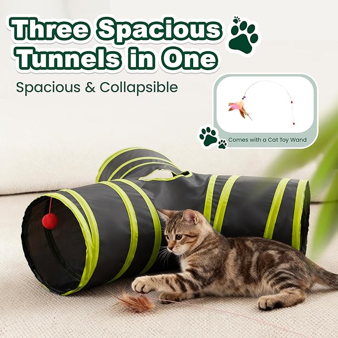 Love’s Cabin Cat Tunnel for Indoor Cats, 3-Way Collapsible Play Tunnel with Teaser Wand, Peek Holes & Toy Ball, Small Pet Toy for Kittens & Rabbits, Black & Yellow, Small Size
