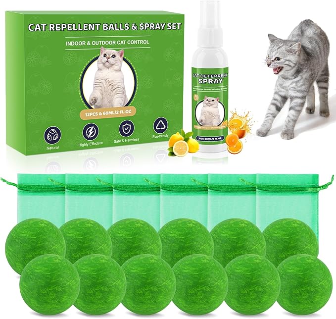 Cat Repellent Balls & Spray, Dog Repellent Outdoor & Indoor, Natural Peppermint Oil Cat & Dog Deterrent Spray 60ml, 12 Pack Natural Essential Oil Ball, Keep Cats Away from Yard, Furniture