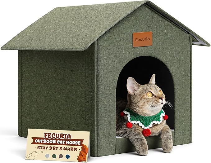 Outdoor Cat House Weatherproof, Insulated Cat Dog Houses for Outdoor/Indoor Cats for Winter, Waterproof Feral Stray Cat Shelter with Warm Cushion for All Seasons, Easy to Assemble, Olive Green