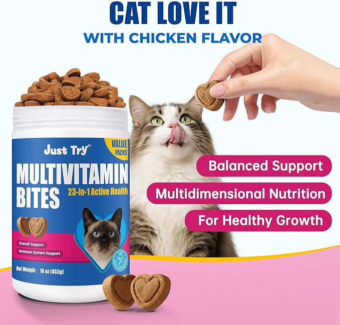 Just Try Comprehensive Multivitamin for Cats Value Packs - with Fish Oil, Taurine, L-Lysine, Biotin, Vitamins A, D3, E, B Complex, Calcium & Minerals - Supports Skin & Coat, Heart, Eyes, Joints Health