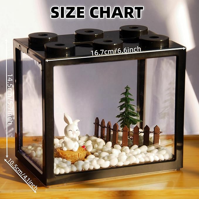 Small Betta Fish Tank, Stackable Mini Aquarium Tank Kit with Aquarium Gravel & Forest Micro Landscape, 0.6 Gallon Acrylic Cube Fish Bowl for Sea Monkeys Shrimp Snails (Black)