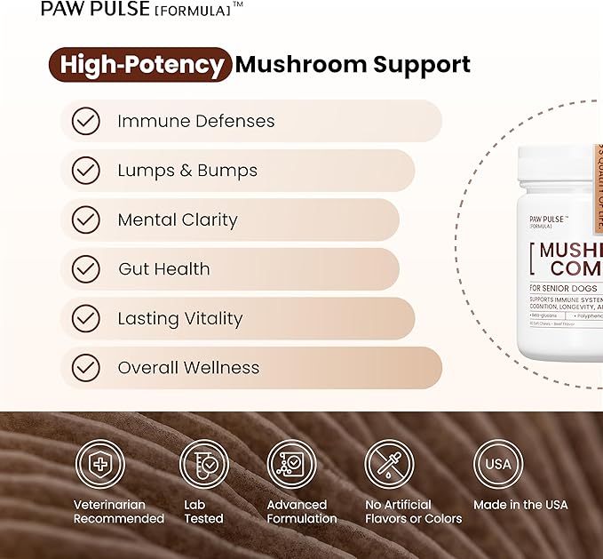 Pawpulse Formula Immune Defense Mushrooms for Dogs - Cellular Growth, Turkey Tail and Lions Mane for Cognitive Support, Lumps and Bumps, Gut Health and Longevity - Senior Dog Supplement, 80 Chews