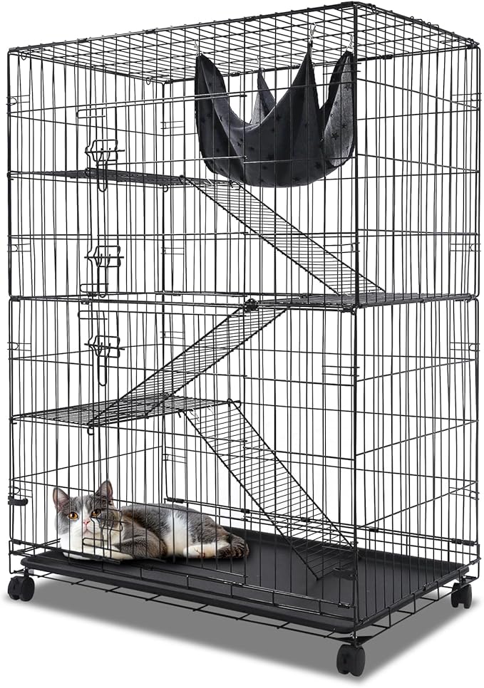Homey Pet 51 Inch Cat Cages Indoor, Large 4-Tier Cat Crates for Indoor Cats, Collapsible Metal Wire Cat Enclosures Big Kennel for Adult Cats Kitten Kitty with Hammock, Ladders, 360° Wheels