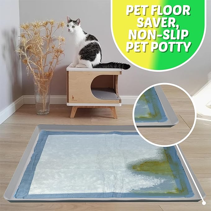 TidyFriend Dog Pee Pad Holder Tray Fits for 28” x 30” Wee Wee Pee Pads - Stable Grip, Raised Edges, Quick-Wipe Silicone Surface Dog Potty Tray Holder for Indoor Flooring Protection (Light Grey)