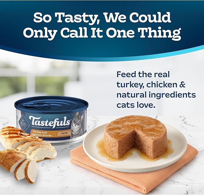 Blue Buffalo Tastefuls Wet Cat Food Paté,Made with Natural Ingredients,Turkey and Chicken Entrée,5.5-oz Cans,(Pack of 48)