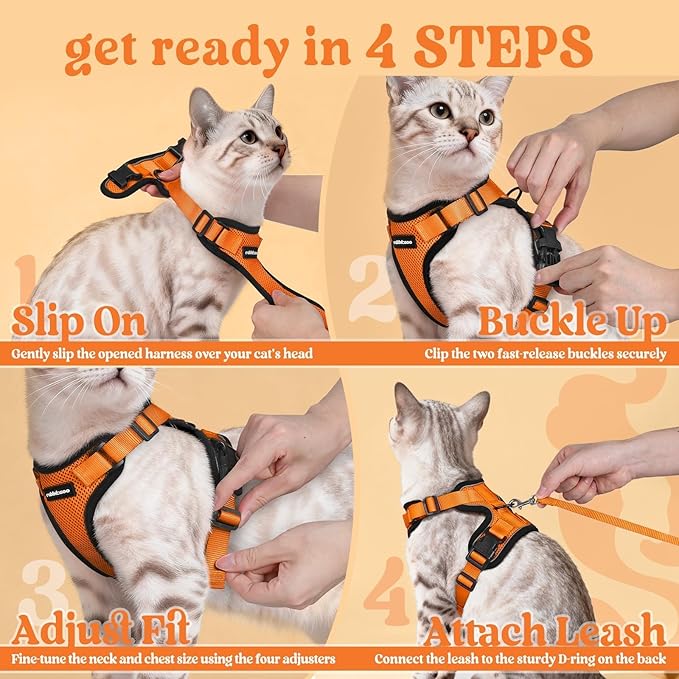 rabbitgoo Cat Harness and Leash for Walking, Escape Proof Soft Adjustable Vest Harnesses for Cats, Easy Control Breathable Reflective Strips Jacket, Orange, M