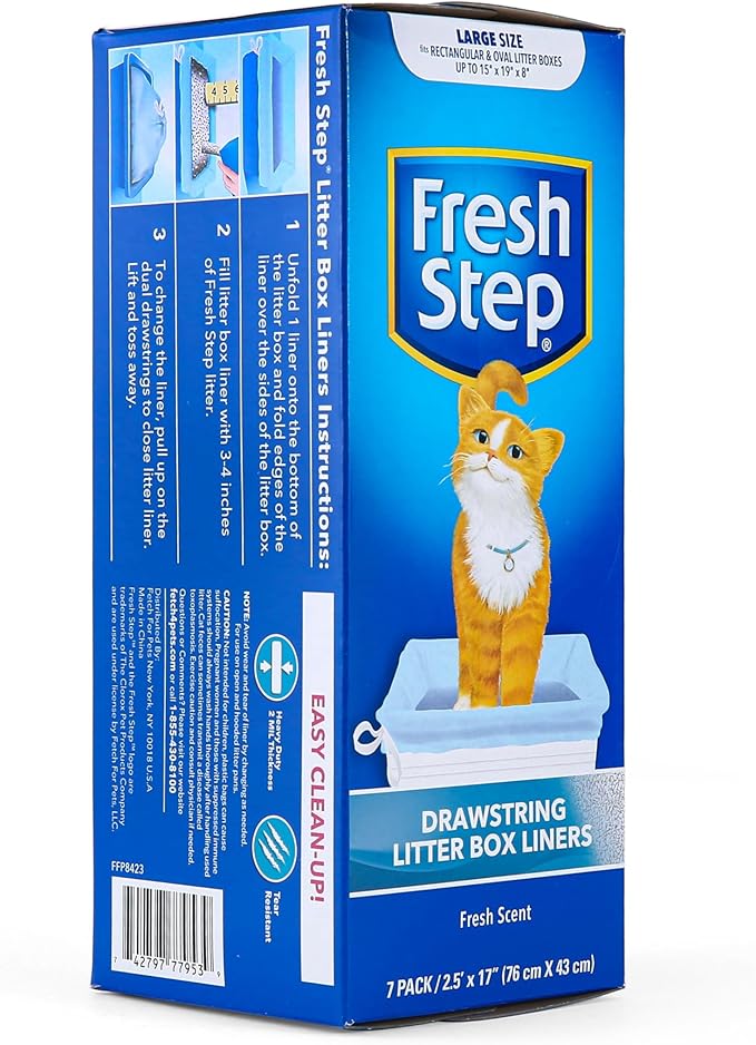 Fresh Step Drawstring Cat Litter Box Liners, Fresh Scent - Kitty Litter Bags for Rectangle or Oval Large Litterboxes, Size Large, 30" x 17" - 7 Count (Pack of 2)
