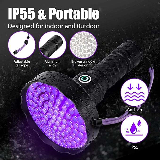 Rechargeable UV Flashlight,128 Led 395nm Black Light, Pet Urine & Stain Detector for Dog/Cat, Bed Bugs, Curing Resin, Durable and Long Lasting