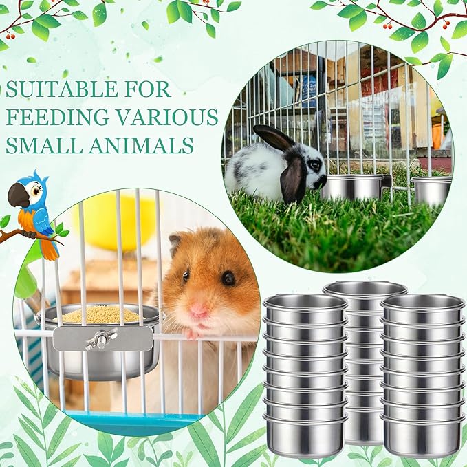 24 Pcs Stainless Steel Parrot Food Bowls Bulk 10 oz Bird Feeding Dish Cups for Cages Bird Bowls with Clamp Pet Water Feeders Cage Accessories for Parakeet Parrot Budgie Rabbit Chicken