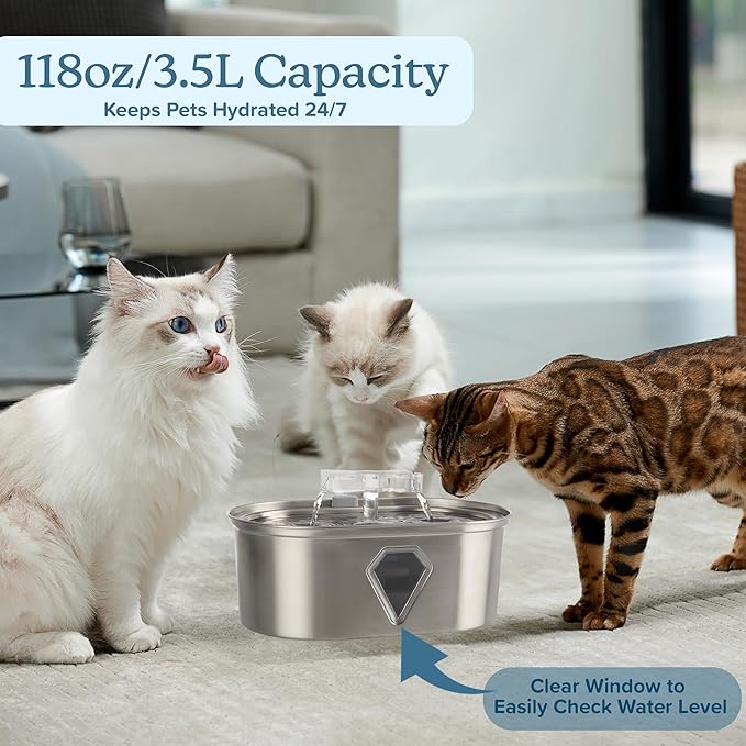 Cat Water Fountain - Stainless Steel Water Fountain for Small Pets - 118oz/3.5L Automatic Cat Water Dispenser with Water Level Window by PETMAKER