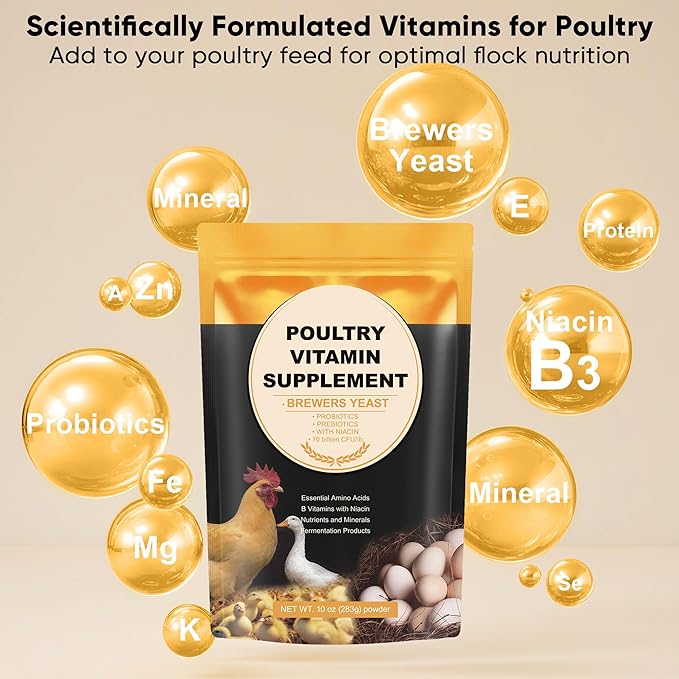 Chicken Vitamins and Supplements Brewer's Yeast Probiotics Niacin Vitamins Supplement for Chickens Ducks, Brewers Yeast Powder for Poultry, Molt Recovery, Severe Stress
