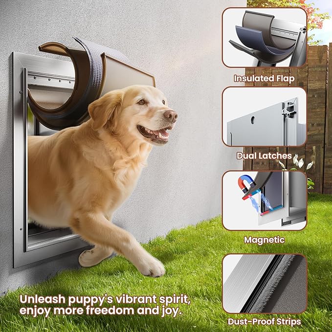 3-Flaps XL Dog Door for Wall, Rust Proof Aluminum Alloy Extra Large Doggy Door, Heavy Duty Pet Door with Dual Lock, Extreme Weather XLarge Dog Doors for Interior Exterior Wall, Pets Up to 220LB