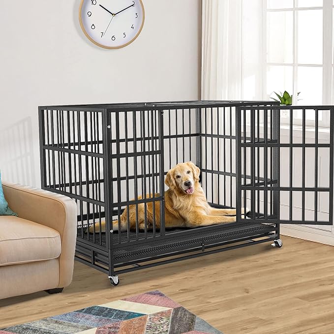 48 inch Heavy Duty Indestructible and Escape-Proof Dog Crate Cage Kennel for Large Dogs, High Anxiety Dog Crate with Removable Wire Trays and Wheels, Extra Large XL XXL, Black