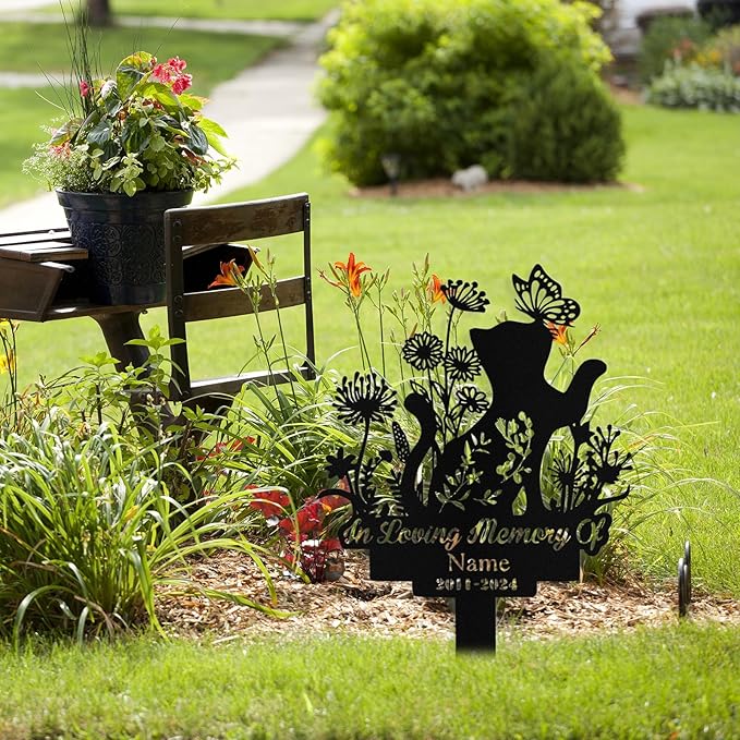 Custom Cat Grave Marker Outdoor, Personalized Metal Cat Memorial Grave Stake with Name and Date, Outdoor Waterrproof Cats Memorial Plaque