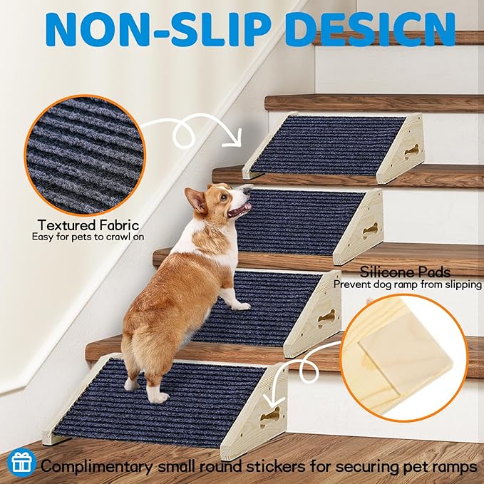 Extra Wide Dog Ramps for Stairs, Wooden Pet Ramp Stairs for Small Medium Dogs, Non-Slip Dog Pet Steps for Any Staircase, Stair Ramp for Injured Dogs with Anti-Slip Strip, 4 Pack