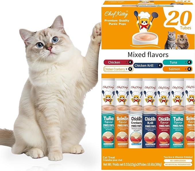Cat Treats Lickable | Grain-Free Cat Food Toppers, High Protein | Creamy Puree Squeeze Ups with Vitamin E & Taurine, Digestible Formula | 0.5 oz. Each Tube, Chicken & Seafood Mix Variety | 20 Tubes