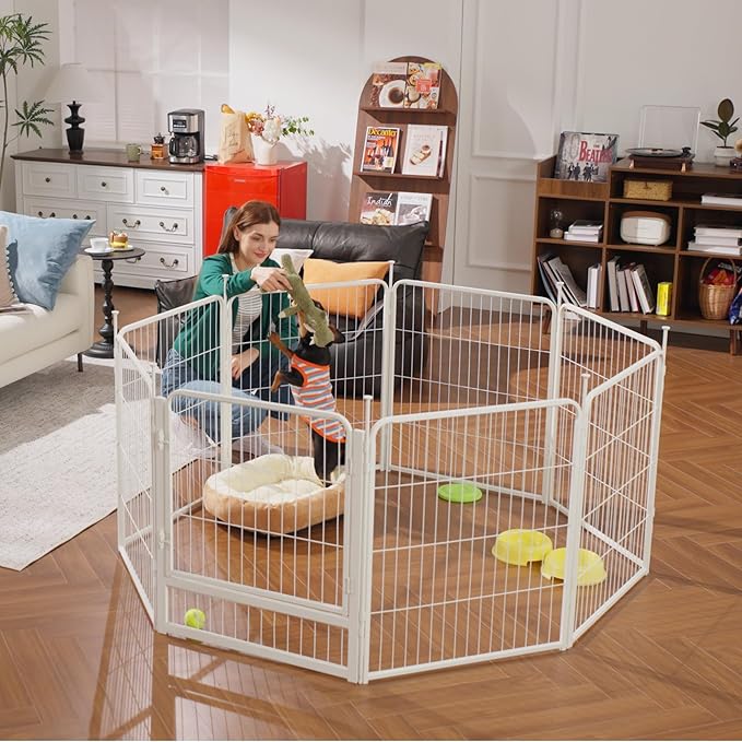 SunsGrove Dog Play Pen Indoors, 32 Inch 16 Panels Dog Playpen for Small and Medium Dogs, Easy Setup Anti-Rust Pet Fence, White
