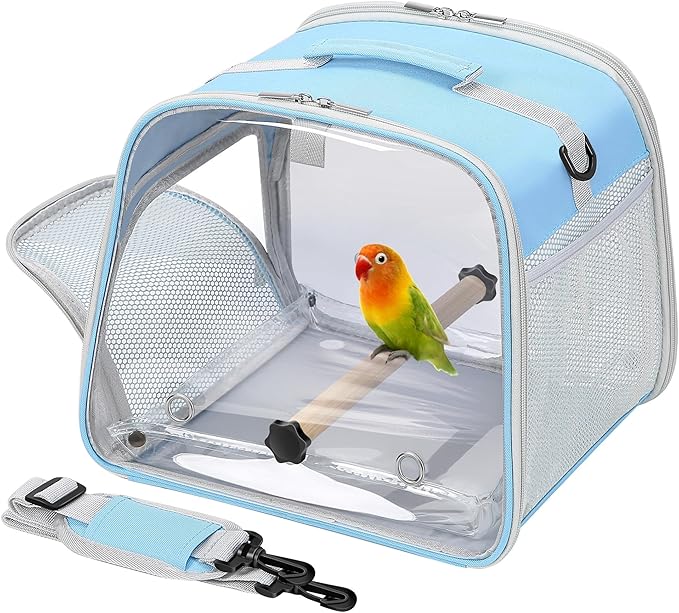 Suertree Small Bird Carrier, Large Window Travel Cage with Stand and Easy Clean Tray for Parrot Parakeet Cockatiels, Lightweight and Portable, Blue