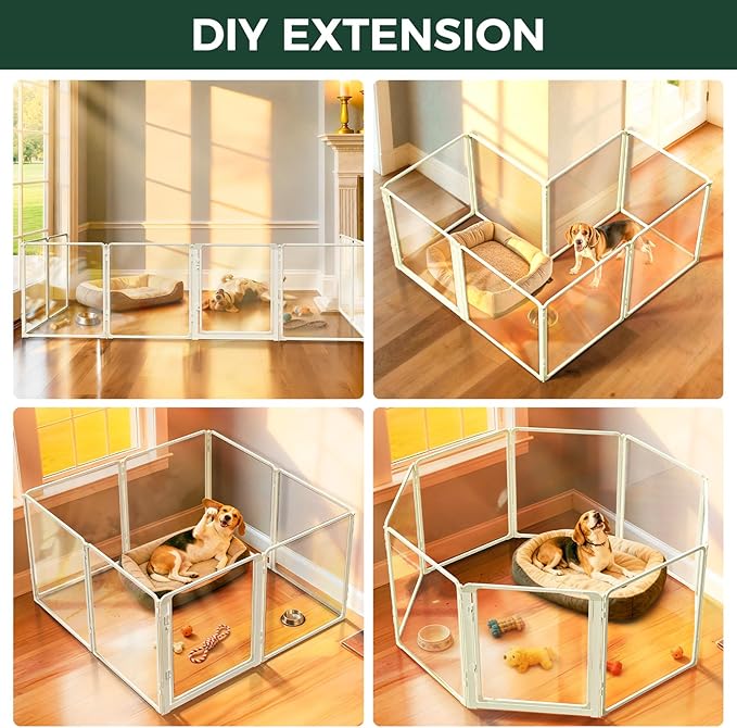 FXW AuraSpace Pro Metal & Acrylic Indoor Dog Playpen, All-Acrylic Clear Heavy-Duty Design, 32" Height 8 Panels for Small and Medium Dogs, White│Patented