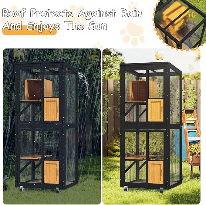 4 Tiers Catio Outdoor Cat Enclosure, Indoor Cats House with 4 Wheels, Cat Enclosure Window Access with Removable Floor, Upgraded Resting Box, Waterproof Roof, Wooden Indoor Pet Cage, Black