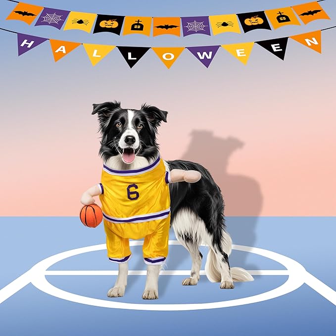 DELIFUR Dog Basketball Player Costume - Pet Halloween Costume Adjustable Funny Dress Up Sports Outfit Cosplay Clothes for Small Medium Dog (Yellow Basketball, Medium)