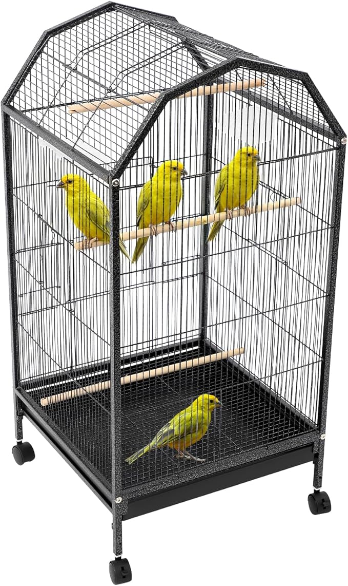Large Bird Cage, Movable Pet Bird Flight Cages with 5 Doors Wheels, Panorama Bird Aviary Indoor with Stand 17.9x17.9x39.9in, Fit for a Canary, Finch, Cockatiels, Conures, Parrot, Lovebirds