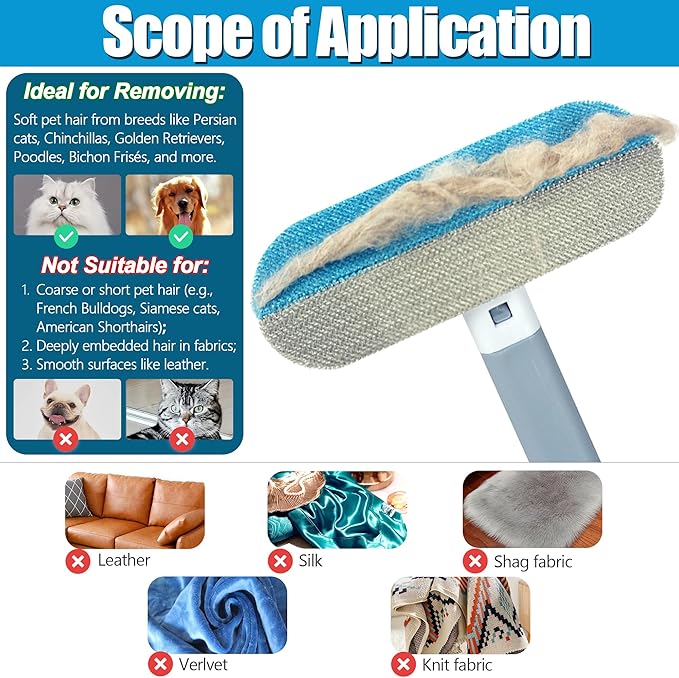 Pet Hair Removal Tool 2 Pieces, Dog and Cat Hair Remover for Couch Carpet Furniture, 4 in 1 Multifunctional Pet Hair Removal Broom, Cleaning Brush for Window Tile, Reusable Washable