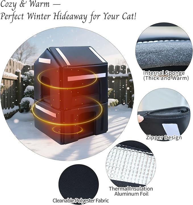 Weatherproof Outdoor Cat House with Insulated Liner for Feral Multi Cats, 2 Storey Insulated Elevated Cat Shelter with Escape Door, Easy Assemble, Expansive Interior‌, Grey 34" D x 21" W x 21.5" H