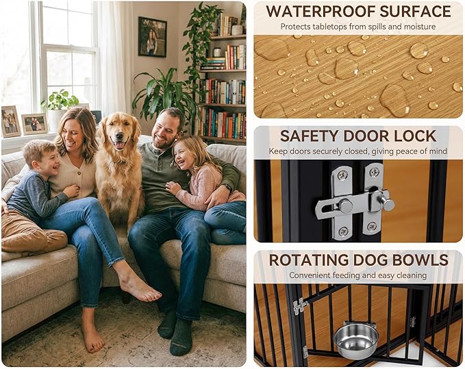 80.7" Double Dog Crate Furniture, Large Breed Dog Crate TV Stand with Swivel Bowls, Heavy Duty Wooden Double Dog Kennel with Removable Divider for 2 Medium Dogs (Black)