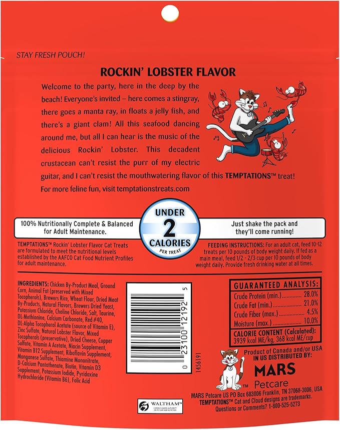 Temptations Classic Cat Treats, Rockin' Lobster Flavor, Crunchy and Soft Cat Treats 6.3 oz. Pouch (Pack of 10)