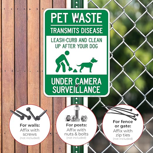 Pet Waste Leash-Curb and Clean Up After Your Dog Under Camera Surveillance Sign, 18x24 Inches, Rust Free .063 Aluminum, Fade Resistant, Made in USA