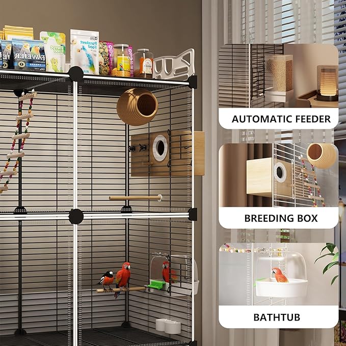 Large Parrot Cage with Acrylic Doors, 4 Casters, Perch & Feeder, Detachable Drawer, Ideal for Cockatiels, Budgies, Conures, Indoor/Outdoor Use – Spacious White Birdcage (Black, 72 * 36 * 135)