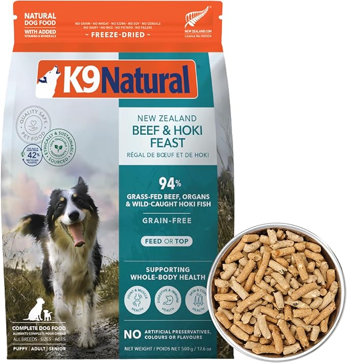 K9 Natural Beef & Hoki Freeze Dried Dog Food, High-Meat Natural Complete Meal or Meal Toppers for Dogs, Grass-Fed Beef & Hoki from New Zealand, Grain-Free, GMO-Free, Complete & Balanced, 17.6oz