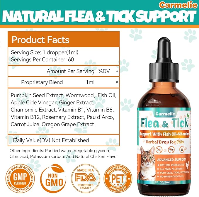 Flea and Tick Support for Cats & Natural Yeast Relief for Dogs, Natural Liquid Drops for All Breeds, Kittens to Senior Cat