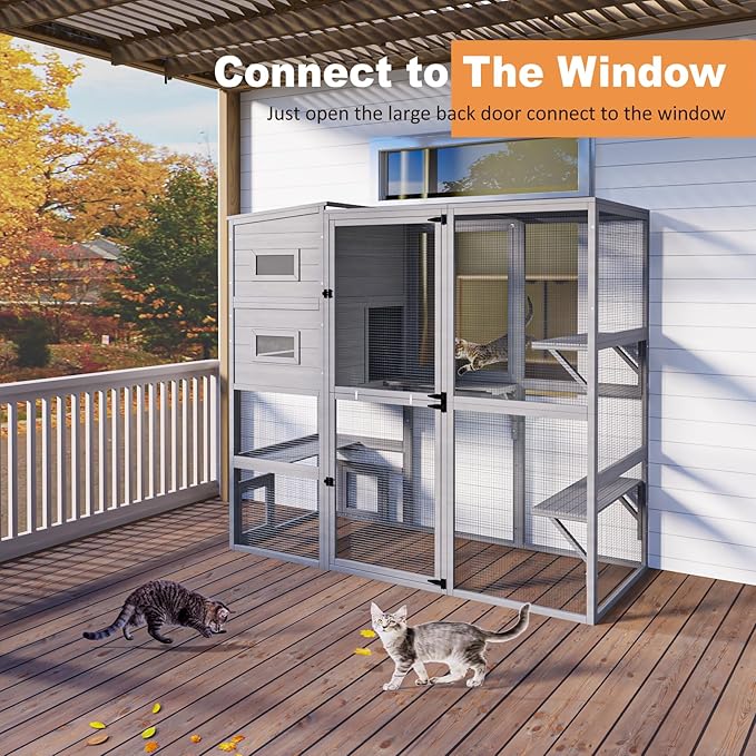 Large Indoor Cat Catio, 4 Tier Outdoor Cat Enclosures House for Cats with Weatherproof Roof, 3 Resting Rooms, 3 Platforms, Cats Catio Connect to Window with 2 Large Door, Feral Pet Shelter
