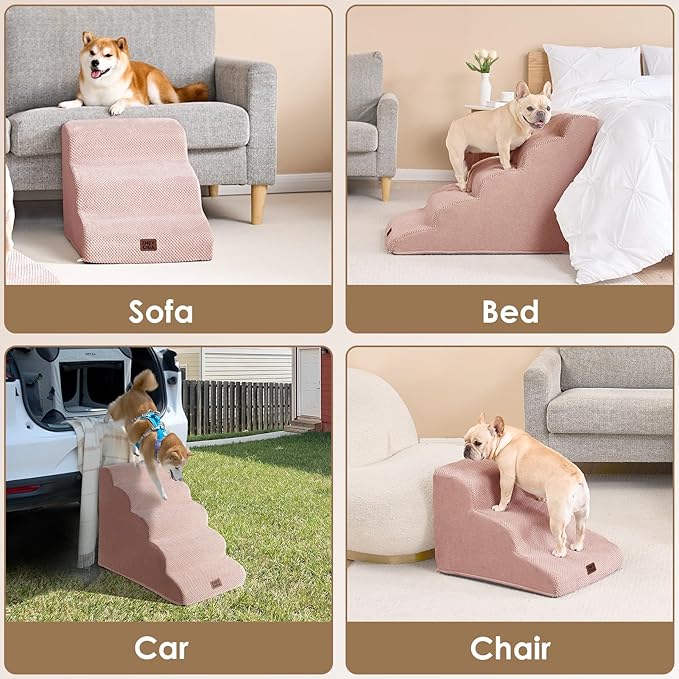 EHEYCIGA Curved Dog Stairs Ramp for Small Dogs 15.7" H, 3-Step Dog Steps for Couch Sofa and Chair, Pet Stairs for Cats, Non-Slip Balanced Pet Steps Indoor, Dusty Pink