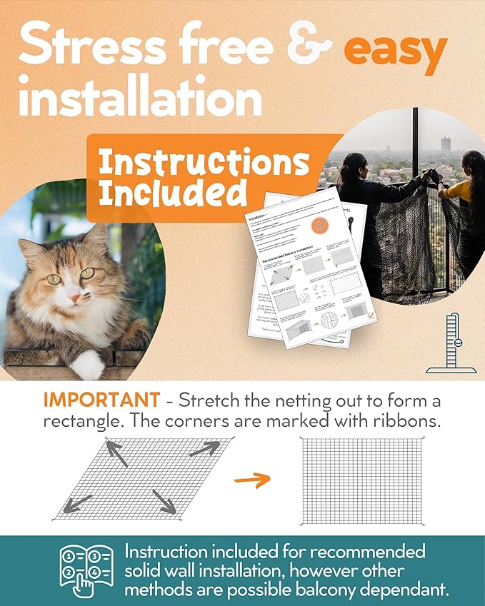 Steel Reinforced Cat Netting for Balcony - 10ft x 20ft - Cat Net for Catio – Safety Netting for Pets - Animal Proof Screen - Strong Pet Net – Kitten Balcony Protection - Barrier for Animals Fence