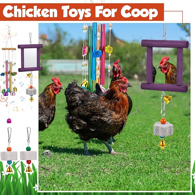 7 Pcs Chicken Toys, Hanging Chicken Wind Chime, 2 Pcs Coop Mirror Toys with Bells 4 Pack Beak Grinding Stones, Musical Coop Accessories for Hen Rooster Chick Poultry Birds(Yellow, Purple)