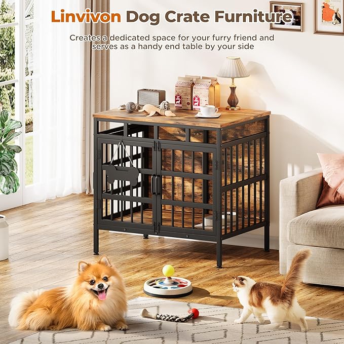 Dog Crate Furniture for Medium Dogs, Wooden Dog Kennel Furniture for Small Dogs, Double-Doors Sturdy Metal Dog Cage for Anxiety Dog, Anti Escape Wooden Cage with Name Tag End Table, TV Stand Brown