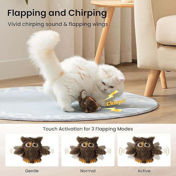 Flappy Bird Cat Toy, Interactive Flapping Chirping Bird Cat Toy with Catnip Bag for Indoor Bored Alone Kitten, Automatic Rechargeable Touch Activated Owl Kitty Toy (No Flying), Brown