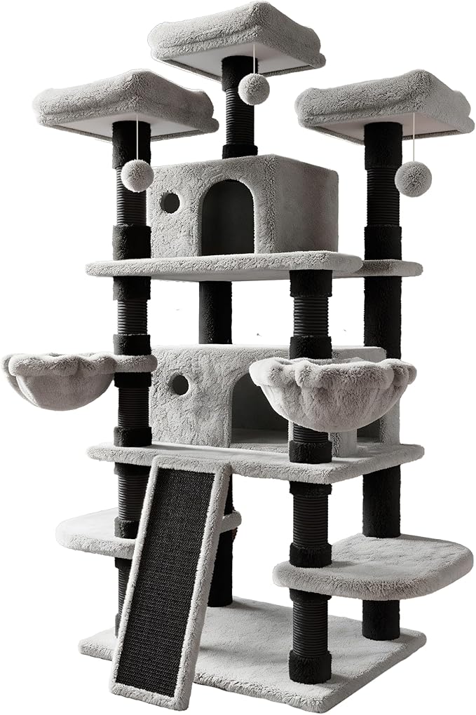SHA CERLIN 68 Inches Multi-Level Large Cat Tree for Large Kitties/Big Cat Tower with Condo/Cozy Plush ‌Pussycat Perches/Sisal Scratching Posts and Hammocks/Activity Center/Black & Grey