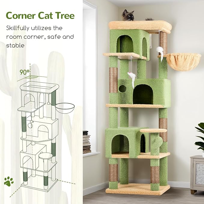 Globlazer Corner Cactus Cat Tree 66 inch Multi-Level Cactus Climbing Tower Kitty Condos Cat Scratching Tower for Indoor Multiple Cats with Large Platform, 3 Cat Caves, F66, Green